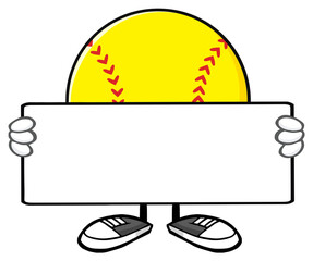 Softball Faceless Cartoon Mascot Character Holding A Blank Sign. Hand Drawn Illustration Isolated On Transparent Background