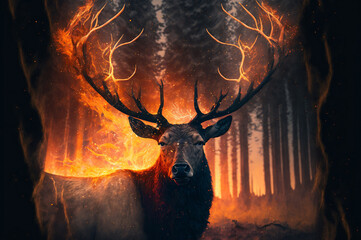 Burning forest due to drought and bonfire from people. Portrait deer or elk with burn antlers. Concept Protect animal from fire. Generation AI