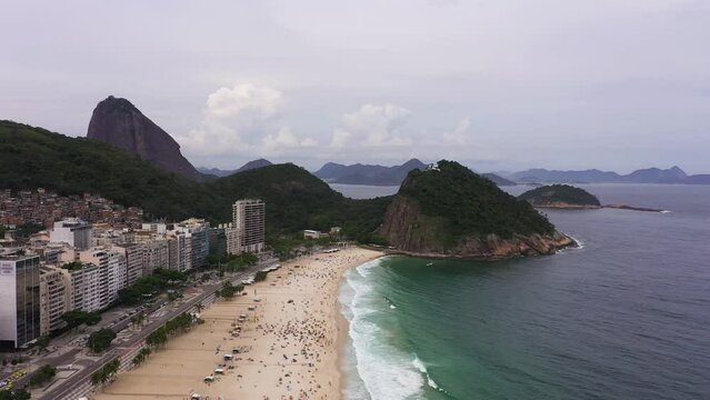 Rio de Janeiro City. Copacabana Beach and Atlantic Ocean. Leme Neighborhood. Aerial View. Brazil. Drone Flies Forward