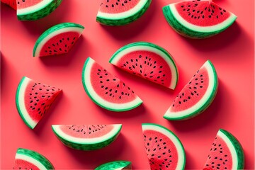Watermelon slices lie flat on a pink-red background.