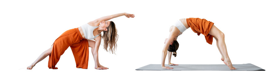 A flexible woman on a mat performs yoga exercises on a transparent background.
