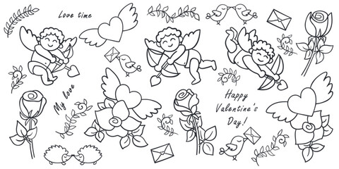 Valentine's Day set with cupids and flying hearts