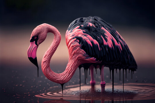 Concept Pollution Nature Water From Oil Spill. Pink Flamingo On Shore Covered In Oil Petrol Waste. Generation AI