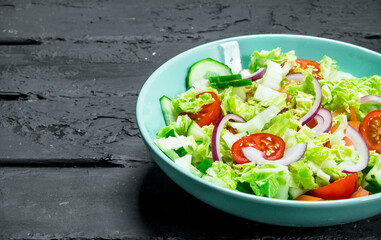 Fresh vegetable salad of tomatoes, cucumbers and red onions.