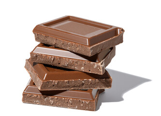 A stack of broken milk chocolate on a white isolated background, square pieces