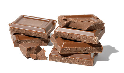A stack of broken milk chocolate on a white isolated background, square pieces