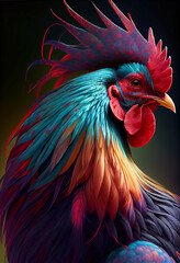 Generative AI Illustration of colorful rooster portrait on black background. Cock profile digital art..
