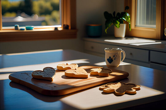 A Group Of Heart Shaped Cookies In A Beautiful Cozy Kitchen Scene. 