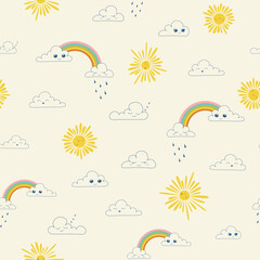 Seamless vector pattern with cute rainbow, kawaii cloud and sun