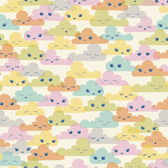 Cute colorful kawaii clouds seamless vector pattern