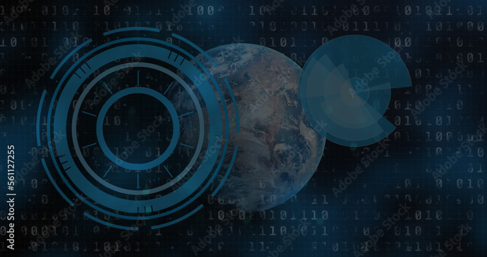 Poster image of tech icons, graph, globe and binary code on dark background