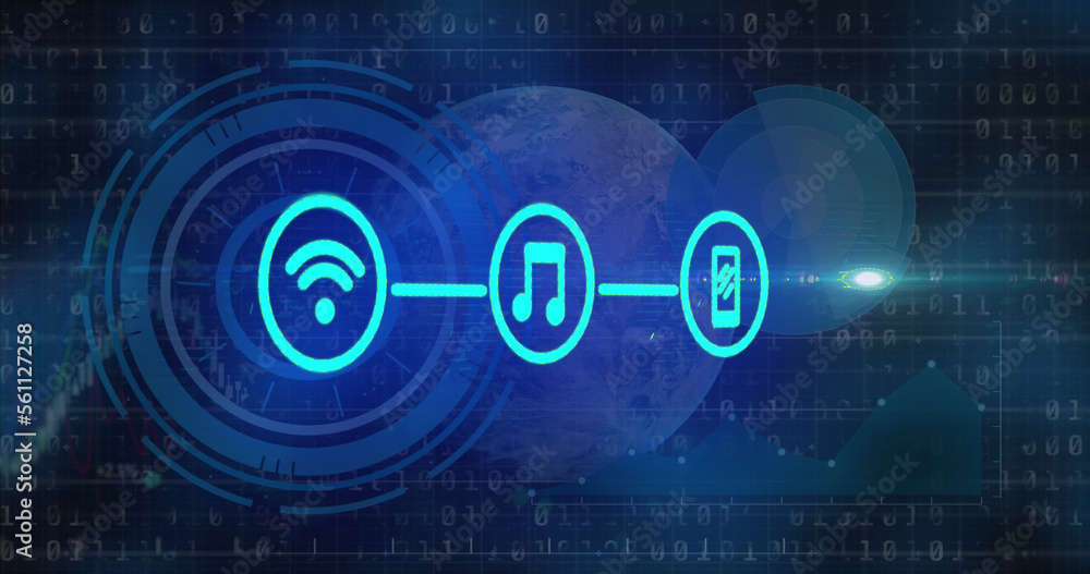 Poster image of tech icons, graph, globe and binary code on dark background