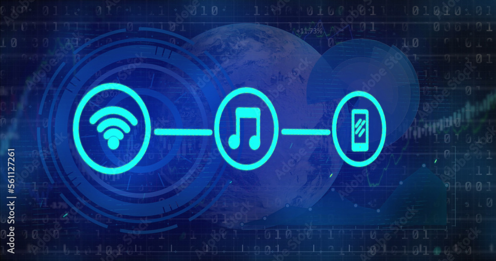 Poster image of tech icons, graph, globe and binary code on dark background