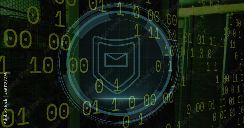 Poster image of cyber security and shield with email in circle over binary code on black background