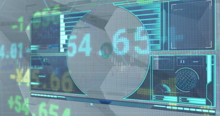 Image of digital interface and stock market data processing against grey background