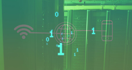 Image of binary code, tech icons and servers