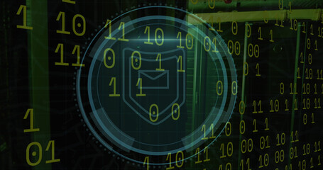 Image of cyber security and shield with email in circle over binary code on black background
