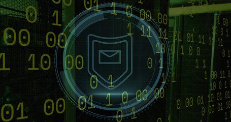 Image of cyber security and shield with email in circle over binary code on black background