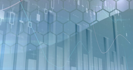 Image of graph, binary code, midsection of digital human, low angle view of sky through window