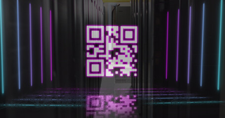 Image of qr code over servers