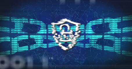 Image of digital shield with padlock and block chain over binary code and navy background