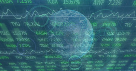 Image of stock market over network of connections and globe on green background cityscape