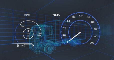 Image of scope scanning and data processing over stock market on black background