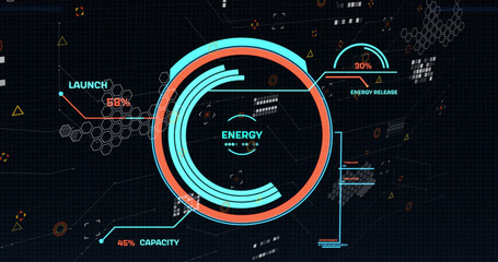 Image of data processing round scope scanning over stock market on black background