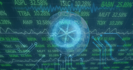 Image of stock market over data processing and globe on green background cityscape