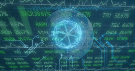 Image of stock market over data processing and globe on green background cityscape