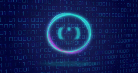 Image of neon circle with power over binary code on digital screen