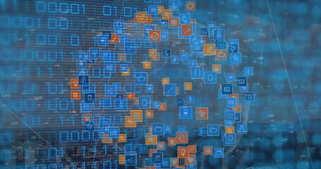 Image of binary code over globe made of icons
