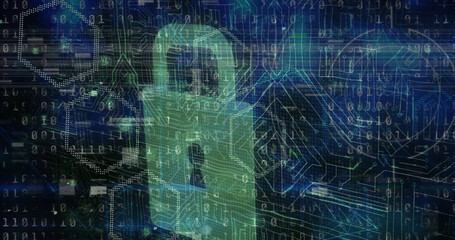 Image of data processing, binary code and digital padlock over blue and black background