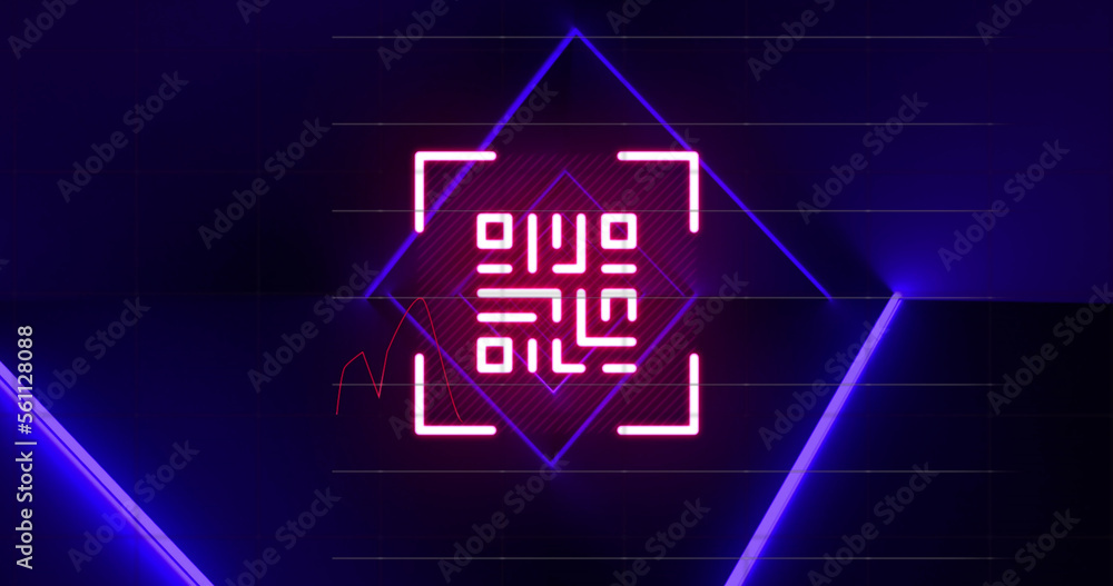 Poster image of red neon qr code, blue lights and data processing on black background