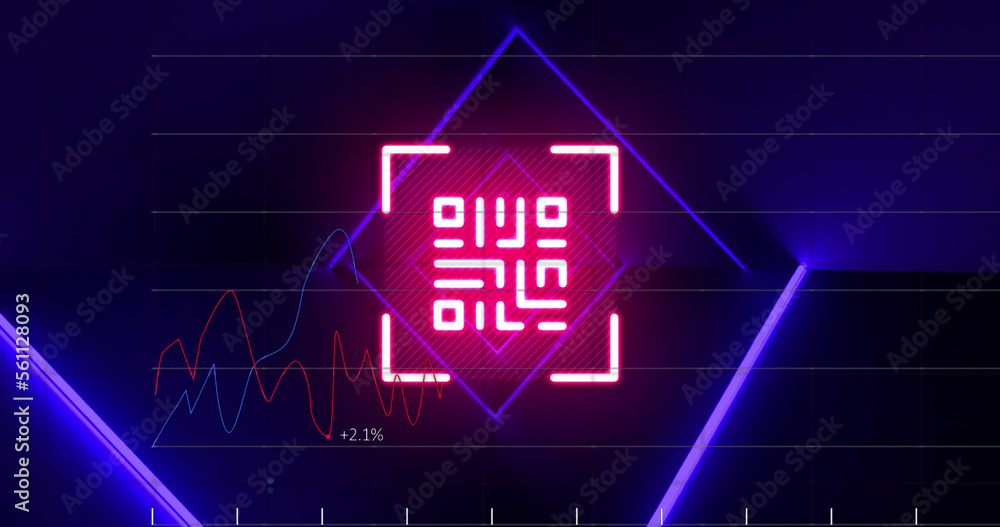 Poster image of red neon qr code, blue lights and data processing on black background