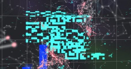 Image of qr code over network of connections on black background