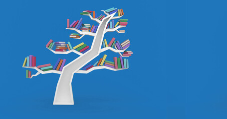 Image of tree with books on branches on blue background