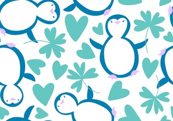Cartoon animals seamless cute penguin witch clover pattern for kids accessories and fashion clothes print