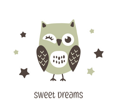 vector design with cute cartoon owl, stars and sweet dreams text on white background