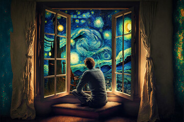Obraz na płótnie Canvas Homme contemplant la nuit étoilée de Vincent Van Gogh - Image générée par AI