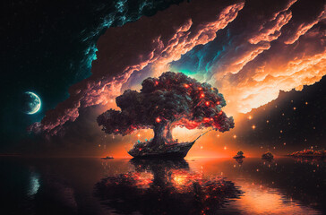 Dramatic cloudscape environment with a tree isolated on an island - generative ai