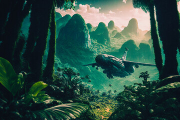 An alien vessel hovering above a jungle environment with sunlight - generative ai