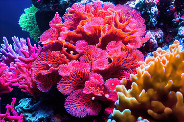 Naklejka na ściany i meble Colorful Undersea Coral Reef - Natural beauty with coral reef growing underwater. Oceanic blue water in the background and colorful fish by Generative AI