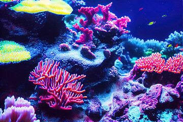 Colorful Undersea Coral Reef - Natural beauty with coral reef growing underwater. Oceanic blue water in the background and colorful fish by Generative AI