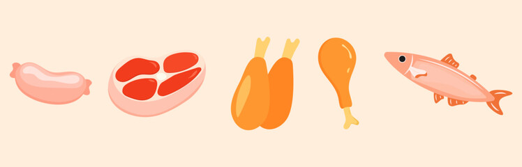 Set assorted food. Ingredients for cooking. Fish, meat, turkey, chicken, sausage. Cute flat style.