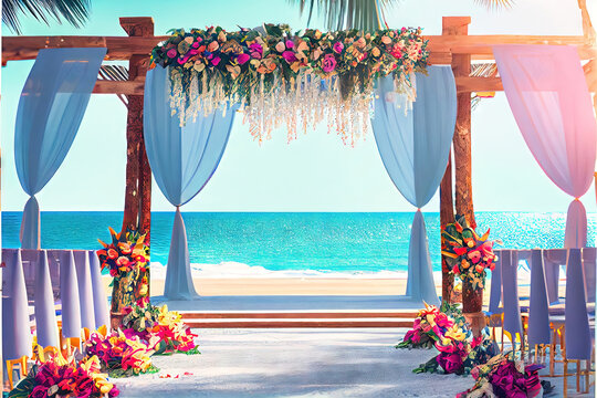 Gorgeous tropical wedding altar on the sandy beach for a unique getaway vacation and destination wedding.  Generative AI image depicting a celebration of life and bonding