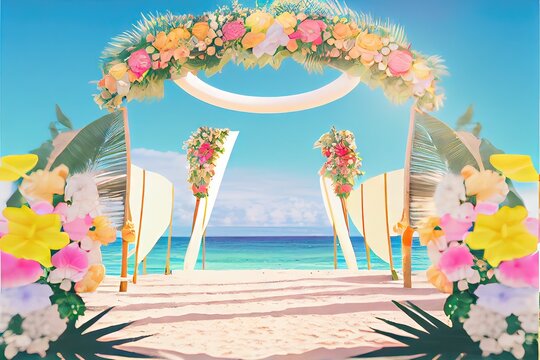 Gorgeous tropical wedding altar on the sandy beach for a unique getaway vacation and destination wedding.  Generative AI image depicting a celebration of life and bonding