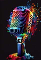 Colorful Microphone - classic generic microphone style not based on any real products. Generative AI image representing sonic sounds and music - obrazy, fototapety, plakaty