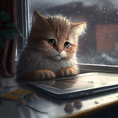 A small sad kitten near a broken tablet sits by the window in winter. It's snowing outside. . Generative AI