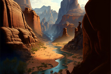 large canyon, with steep rocky walls and a winding river at the bottom, generative ai
